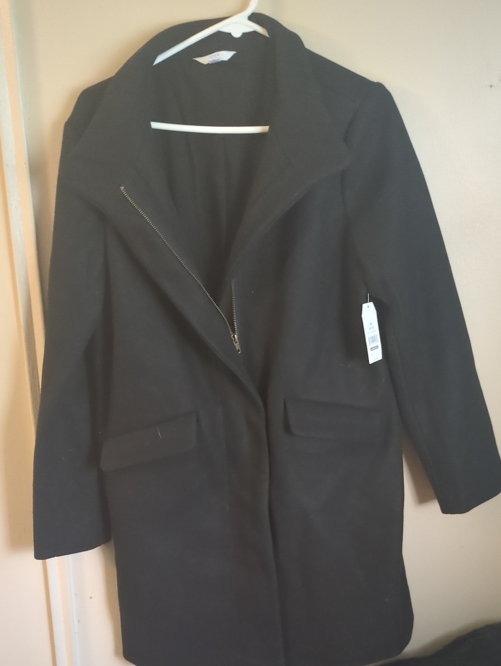 Time and Tru Black Asymmetrical Zip Trench Coat
